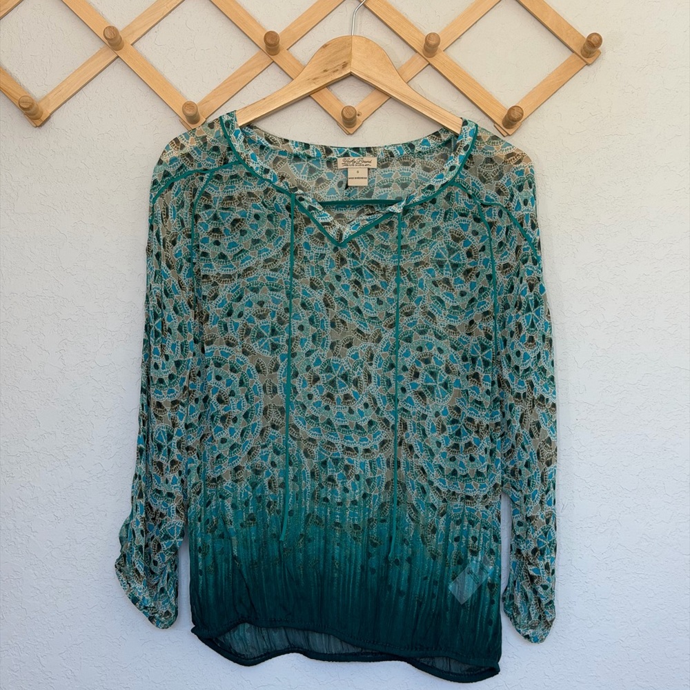 Lucky Brand Semi Sheer Brown & Teal Peasant Top